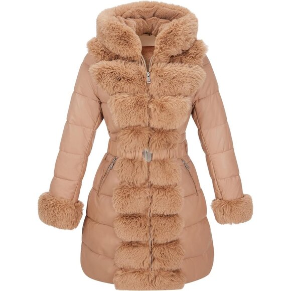 🆕 Women Brown Leather Long Fur Collar Hooded Winter Warm Bubble Puffer Jacket - Picture 1 of 5